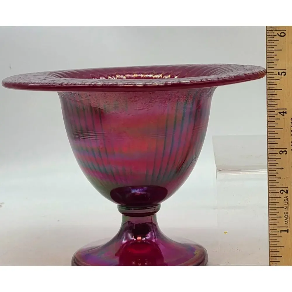 VINTAGE FENTON 2000 SGS RED STRETCH GLASS FLARED COMPOTE RIBBED INTERIOR